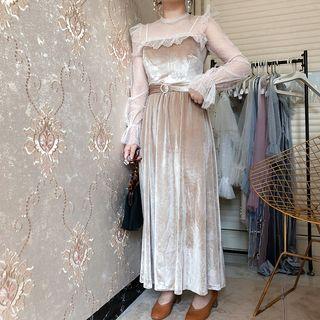 Mesh Panel Velvet Maxi A-line Dress