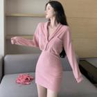Long-sleeve V-neck Mini Bodycon Dress Pink - One Size