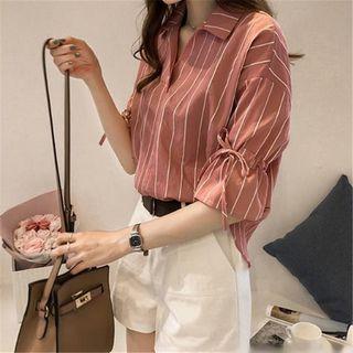 Elbow-sleeve Pinstriped Collared Top