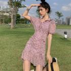 Flower Print Drawstring Mini A-line Dress Purple - One Size