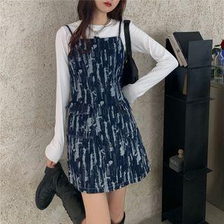 Long-sleeve Plain T-shirt / Spaghetti Strap Mini A-line Denim Dress