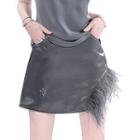 Fluffy Trim Asymmetrical Mini Pencil Skirt
