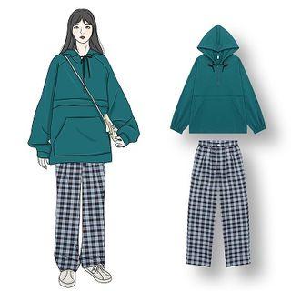 Oversize Hoodie / Plaid Straight-fit Pants