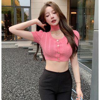 Button-up Cropped Halter Top Pink - One Size