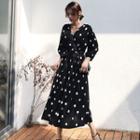 3/4-sleeve Polka Dot Midi A-line Dress