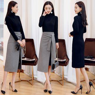 Set: High Neck Long Sleeve Dress + Slit Wrapped Skirt