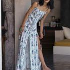 Printed Spaghetti Strap Open Back Slit Dress