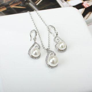 Set: Faux Pearl Pendant Necklace + Drop Earring Set - Silver - One Size