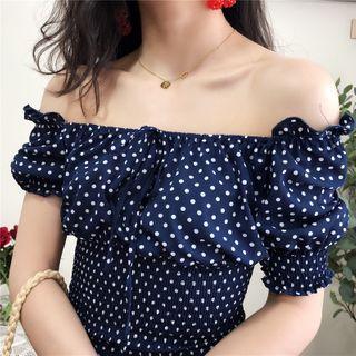 Color-block Off-shoulder Puff-sleeve Top