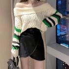 Off-shoulder Cable Knit Sweater / A-line Mini Skirt