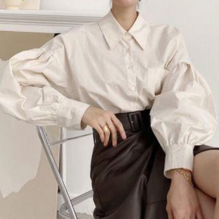 Puff-sleeve Plain Shirt Almond - One Size