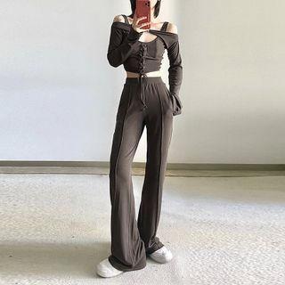 Set: Lace-up Crop Tank Top + Bootcut Pants + Shrug