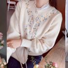 Flower-embroidered Faux-pearl Button Cardigan Cream - One Size