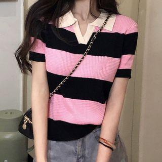 Short-sleeve Striped Polo Knit Top Pink - One Size