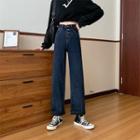 High-waist Washed Button-up Straight-cut Jeans