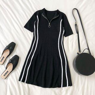 Half-zip Short-sleeve A-line Dress Black - One Size