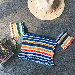 Rainbow Color Stripe Cropped Short-sleeve Top