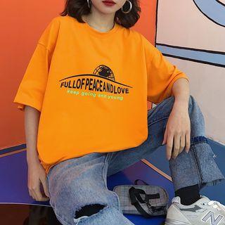 Elbow-sleeve Lettering T-shirt Orange - One Size
