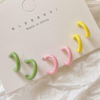 Set Of 3: Mini Hoop Earring Set Of 3 Pair - Silver Pin - Green & Pink & Yellow - One Size