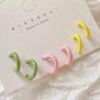 Set Of 3: Mini Hoop Earring Set Of 3 Pair - Silver Pin - Green & Pink & Yellow - One Size