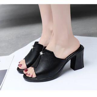 Rhinestone Accent Block Heel Slide Sandals
