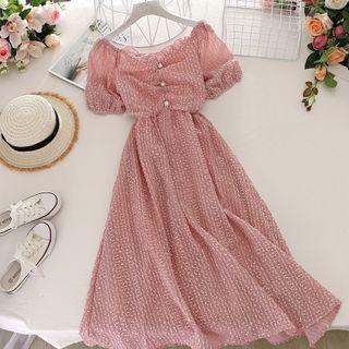 V Neck Puff-sleeve Dress