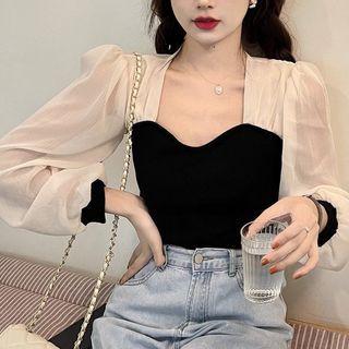 Lantern-sleeve Mesh Panel Blouse