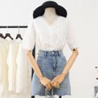Short-sleeve Lace Blouse / Mini Denim Skirt