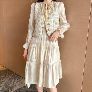 Tweed Vest / Tie-neck Long-sleeve Midi A-line Dress