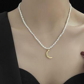 Alloy Moon Pendant Freshwater Pearl Necklace Gold & Pearl - One Size