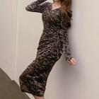Long Sleeve Leopard Pattern Maxi Dress