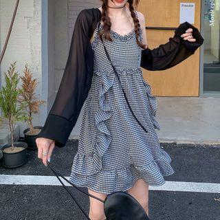 Spaghetti Strap Houndstooth Ruffle Trim Mini Dress / Chiffon Shrug