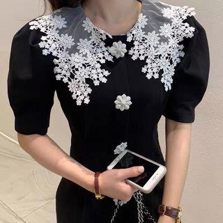 Lace Collar Short-sleeve Midi Sheath Dress As Shown In Figure - One Size
