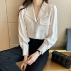 Long-sleeve Open-collar Front-pocket Blouse