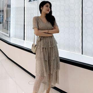 Short-sleeve Line Sequined Layered Midi Dress