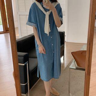 Denim Midi Shirtdress With Shawl Shirtdress With Shawl - Blue & White - One Size