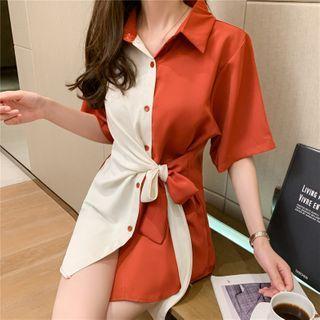 Two-tone Tie-waist Elbow-sleeve Chiffon Shirt