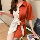 Two-tone Tie-waist Elbow-sleeve Chiffon Shirt