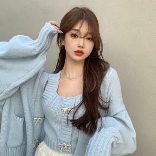 Sleeveless Bow Knit Crop Top / Puff-sleeve Cardigan