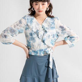 Set: Bikini + Floral Print Cover-up + Swim Skirt