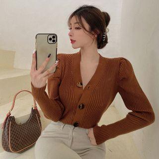 Puff-sleeve Leopard Button Knit Sweater