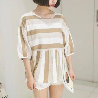 Striped Elbow-sleeve Blouse