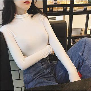 Plain Turtleneck Long-sleeve Slim-fit Top