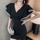V-neck Ruffled Bell-sleeve Mini Sheath Dress