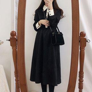 Long-sleeve Collared A-line Midi Dress Black - One Size