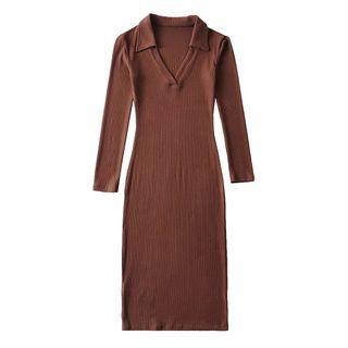 Long-sleeve Polo-neck Midi Sheath Dress