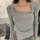 Asymmetrical Long-sleeve Lettuce Edge T-shirt