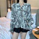 Long-sleeve Pattern Ruffled Blouse As Shown In Figure - One Size