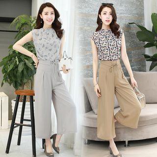 Set: Printed Tank Top + High Waist Cropped Wide-leg Pants