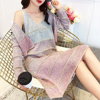 Set: Open-front Color Block Cardigan + Sleeveless Midi Knit Dress As Shown In Figure - One Size